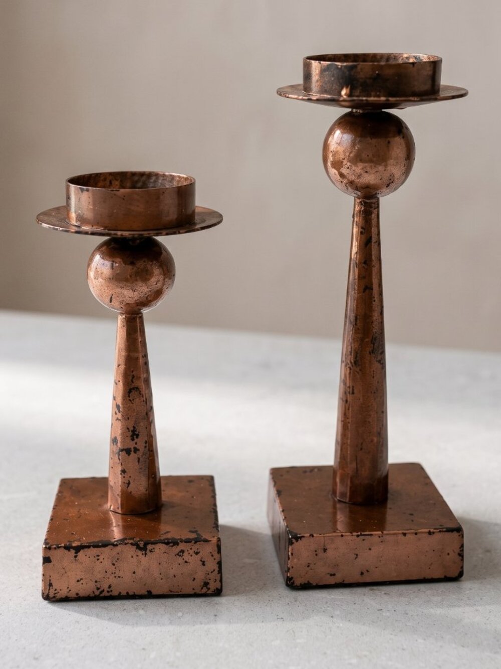 Rustic Metal Pillar Candle Holders (2) Distressed Farmhouse Decor Made in India